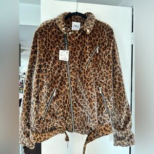 Leopard Print Furry Motorcycle Jacket Zara Man XL NEW WITH TAG